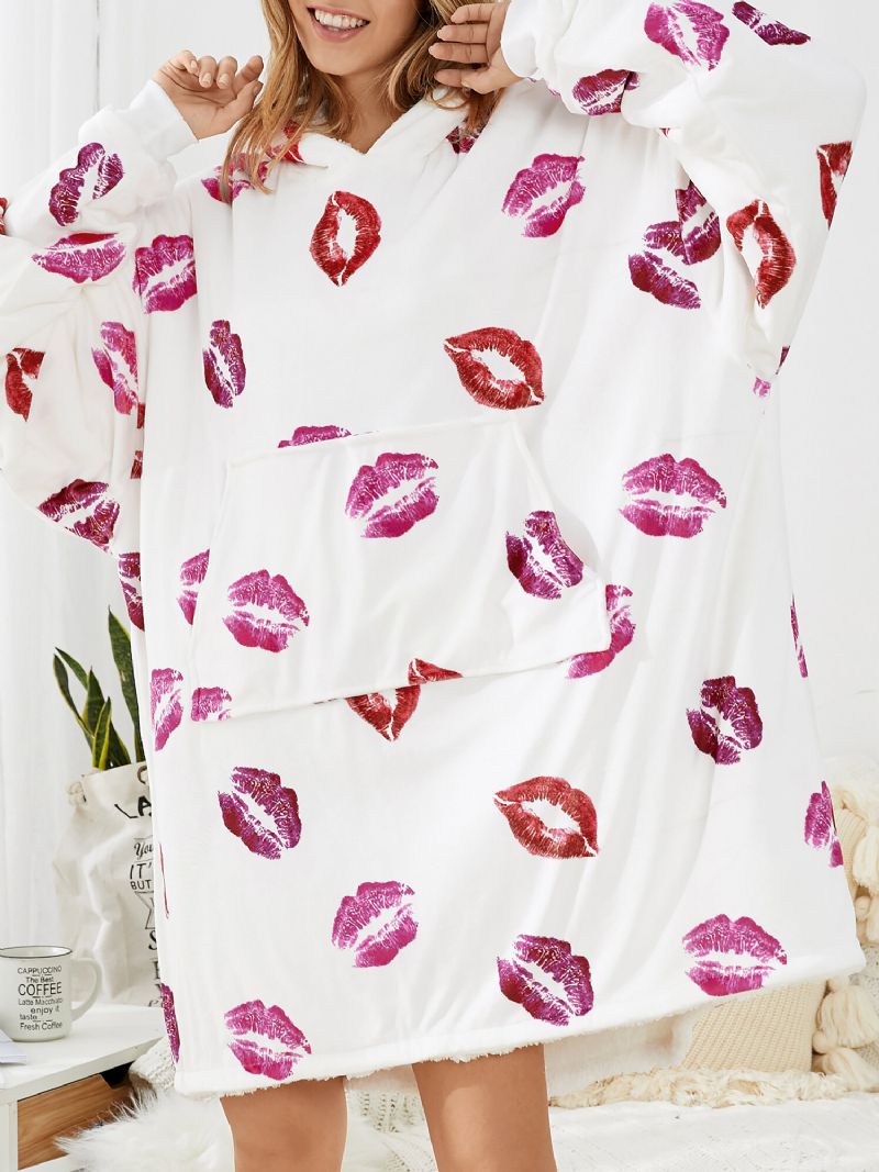 Femmes Lip Print Surdimensionné Chaud Couverture À Capuche Polaire Doublé Vêtements De Nuit Robes Avec Poche