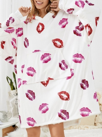 Femmes Lip Print Surdimensionné Chaud Couverture À Capuche Polaire Doublé Vêtements De Nuit Robes Avec Poche