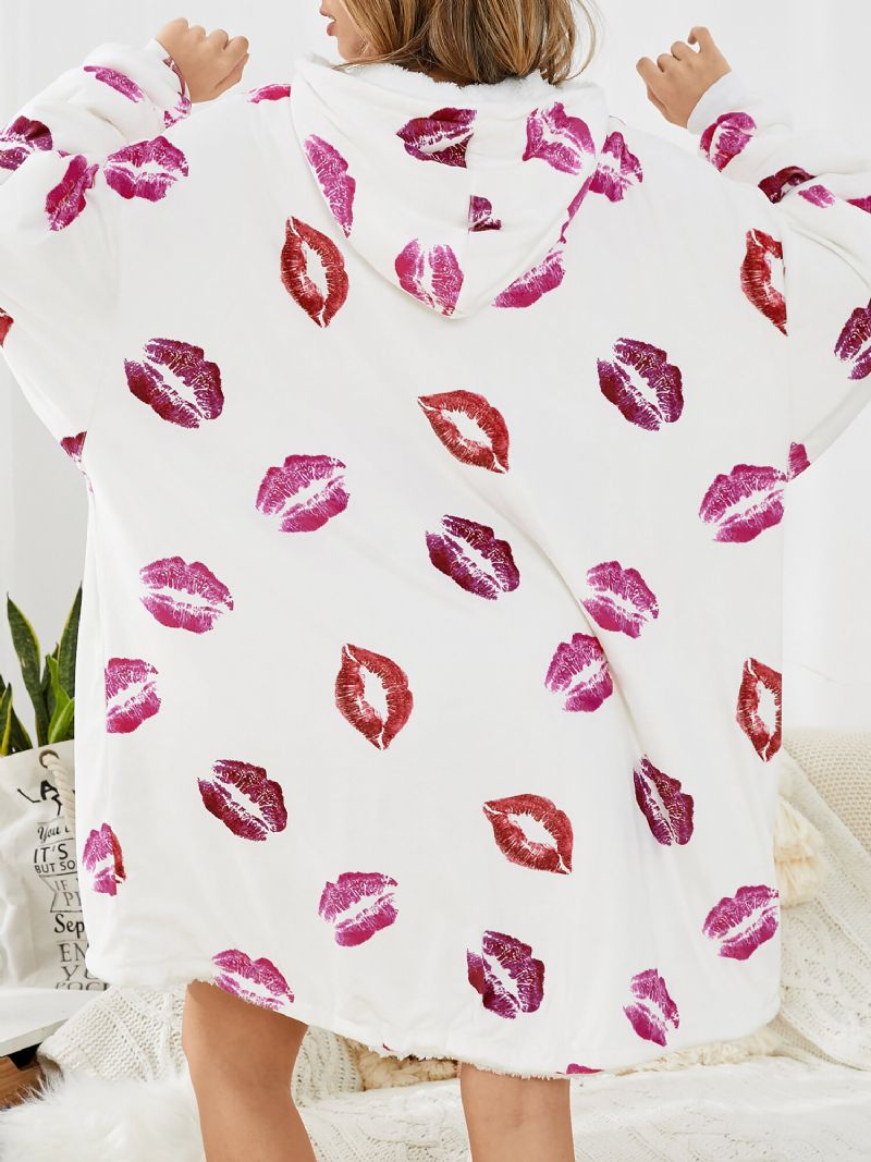 Femmes Lip Print Surdimensionné Chaud Couverture À Capuche Polaire Doublé Vêtements De Nuit Robes Avec Poche