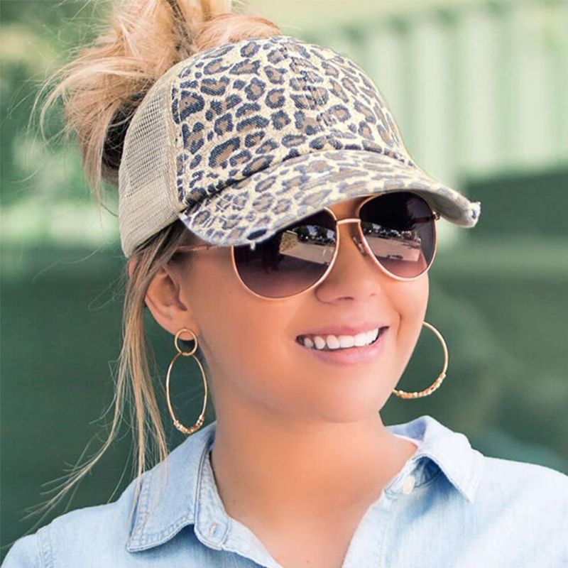 Femmes Made-old Breaking Hole Leopard Pattern Fashion Hollow Out Ripped Washed Baseball Hat