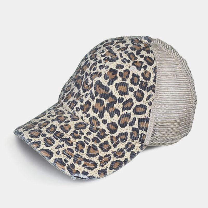 Femmes Made-old Breaking Hole Leopard Pattern Fashion Hollow Out Ripped Washed Baseball Hat