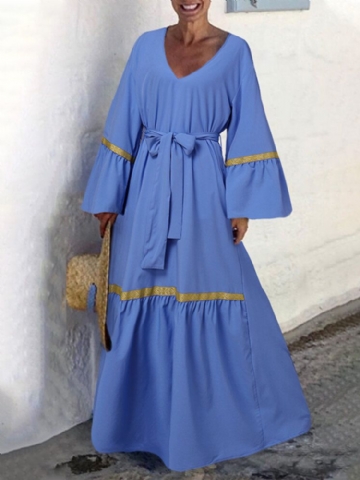 Femmes Manches Longues Manches Évasées Lâches Épissé Solide Géométrique Maxi Longueur Robes Mi-longues