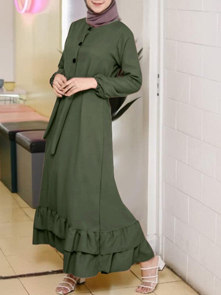 Femmes Manches Longues Volants Solides Ourlet Abaya Caftan Plis Bouton Robes Mi-longues