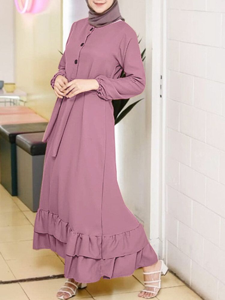 Femmes Manches Longues Volants Solides Ourlet Abaya Caftan Plis Bouton Robes Mi-longues