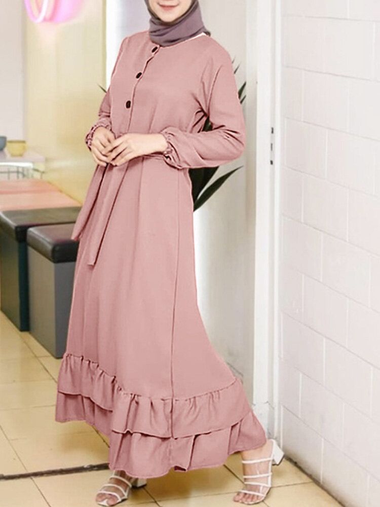 Femmes Manches Longues Volants Solides Ourlet Abaya Caftan Plis Bouton Robes Mi-longues