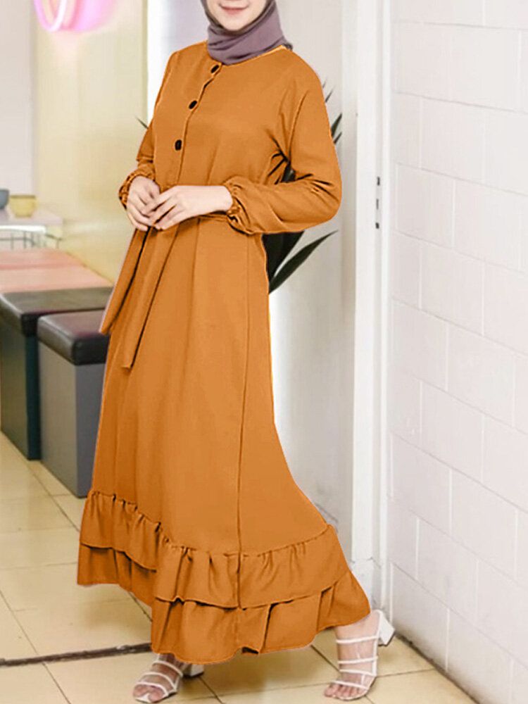 Femmes Manches Longues Volants Solides Ourlet Abaya Caftan Plis Bouton Robes Mi-longues