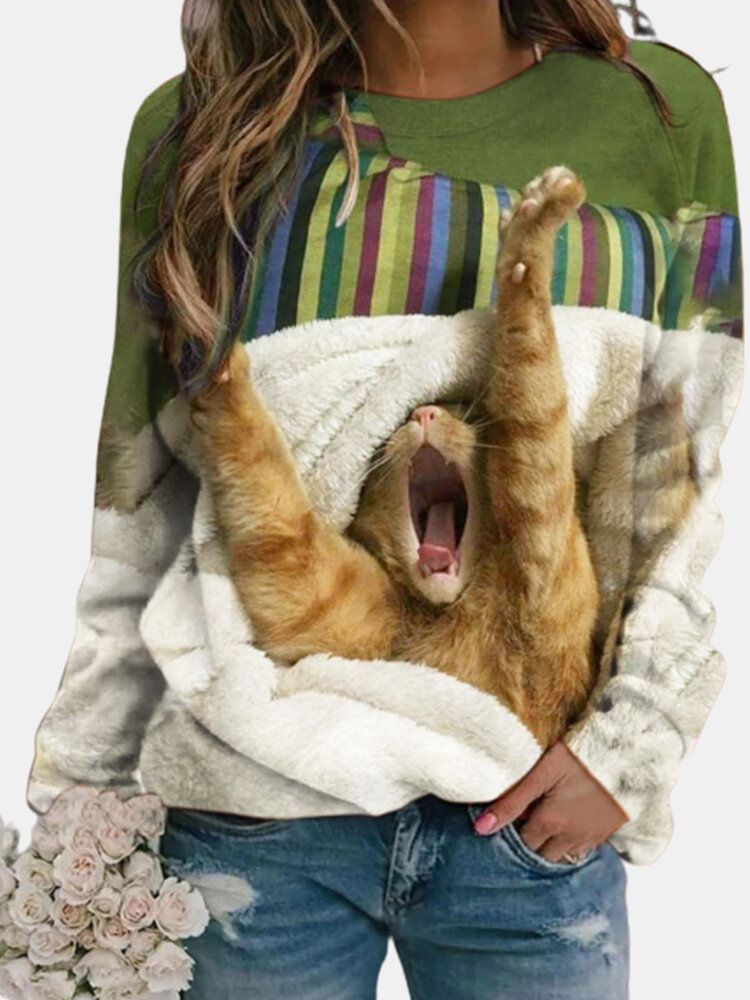 Femmes Mignon Chat Imprimé Col Rond Décontracté Manches Raglan Pulls Molletonnés