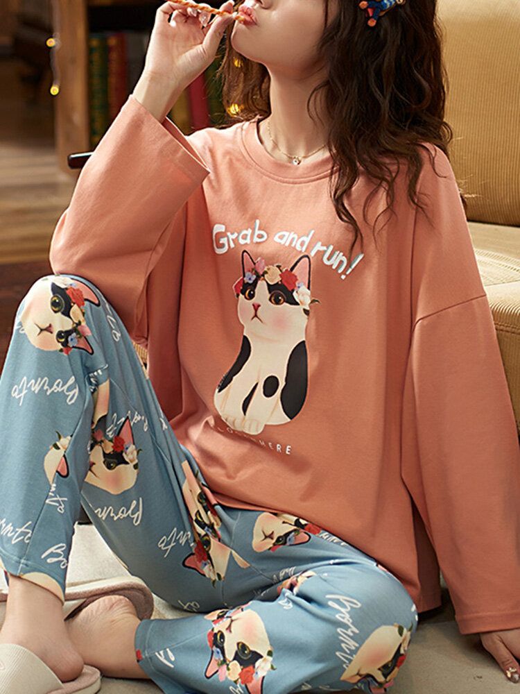 Femmes Mignon Chat Motif Lettre Imprimer À Manches Longues Pull Lâche Pantalon Maison Deux Pièces Pyjama Ensemble