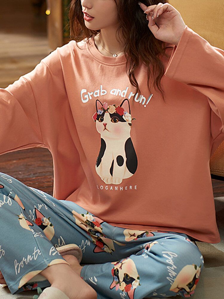 Femmes Mignon Chat Motif Lettre Imprimer À Manches Longues Pull Lâche Pantalon Maison Deux Pièces Pyjama Ensemble