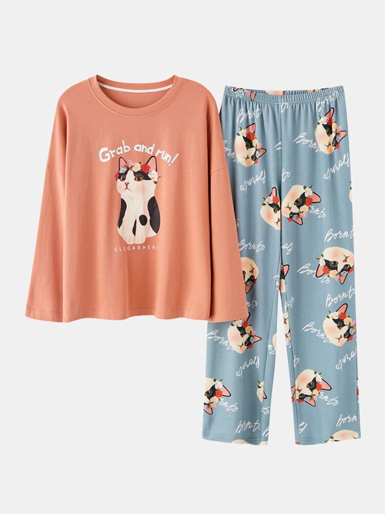 Femmes Mignon Chat Motif Lettre Imprimer À Manches Longues Pull Lâche Pantalon Maison Deux Pièces Pyjama Ensemble