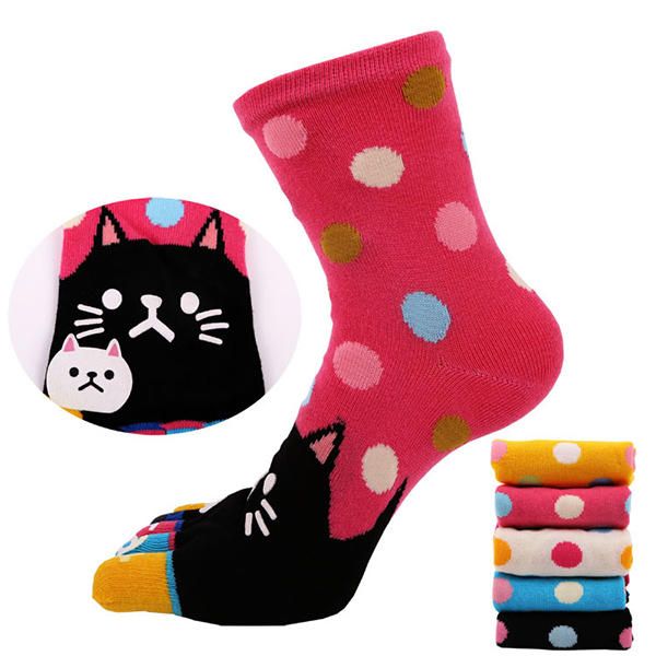 Femmes Mignon Dessin Animé Chat Cinq Orteils Chaussettes Épais Chaud Moyen Tube Chaussette