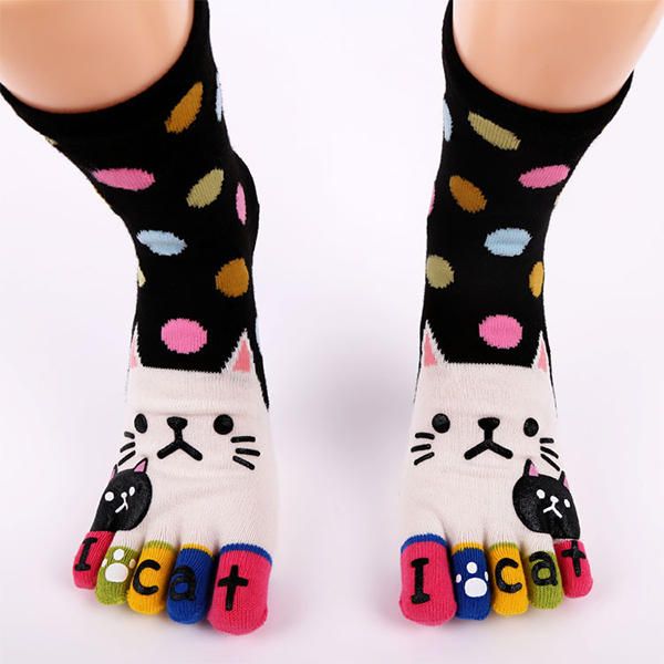 Femmes Mignon Dessin Animé Chat Cinq Orteils Chaussettes Épais Chaud Moyen Tube Chaussette