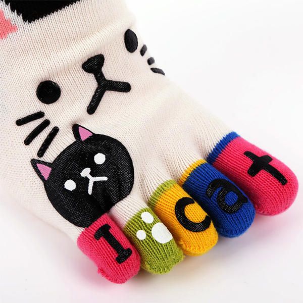 Femmes Mignon Dessin Animé Chat Cinq Orteils Chaussettes Épais Chaud Moyen Tube Chaussette