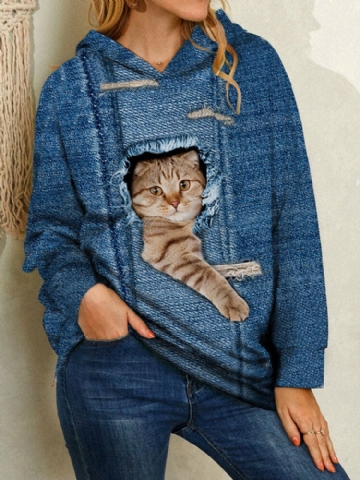 Femmes Mignon Dessin Animé Chat Imprimer À Manches Longues Casual Overhead Hoodies