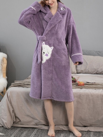 Femmes Mignon Dessin Animé Chat Motif Épaissir Chaud En Peluche Fluffy Maison Vêtements De Nuit Robes Avec Poche