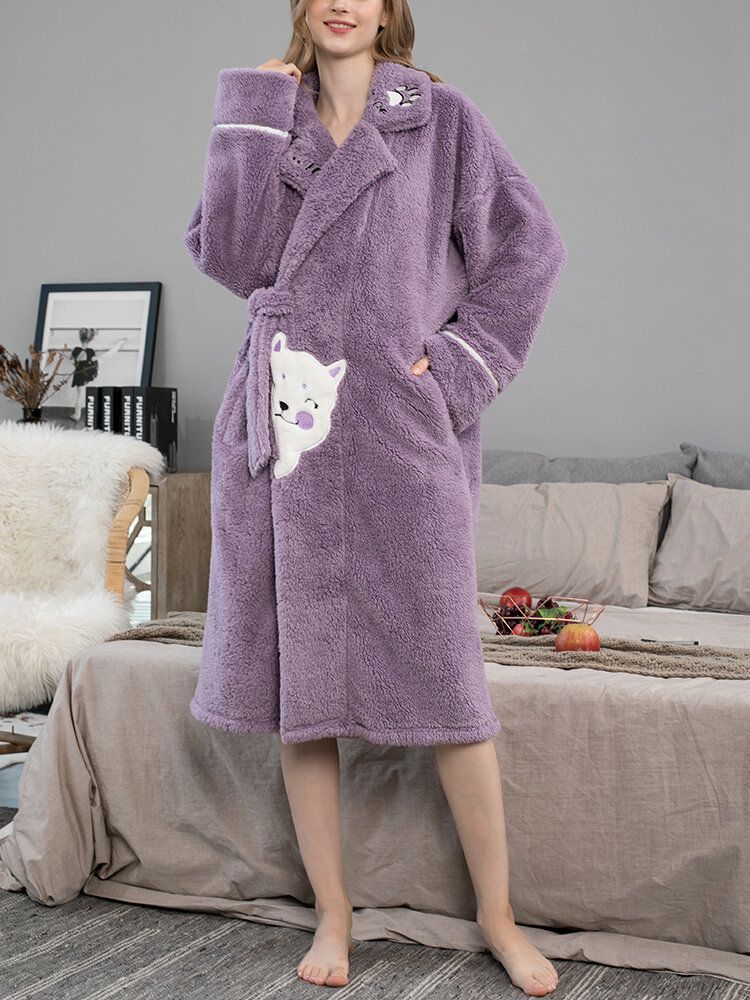 Femmes Mignon Dessin Animé Chat Motif Épaissir Chaud En Peluche Fluffy Maison Vêtements De Nuit Robes Avec Poche