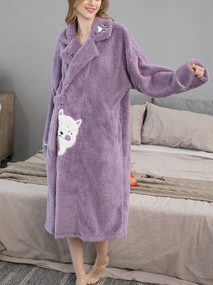 Femmes Mignon Dessin Animé Chat Motif Épaissir Chaud En Peluche Fluffy Maison Vêtements De Nuit Robes Avec Poche