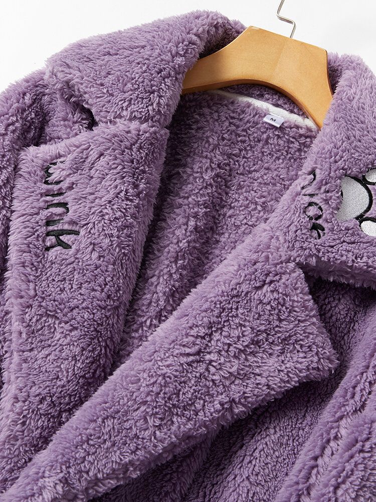 Femmes Mignon Dessin Animé Chat Motif Épaissir Chaud En Peluche Fluffy Maison Vêtements De Nuit Robes Avec Poche