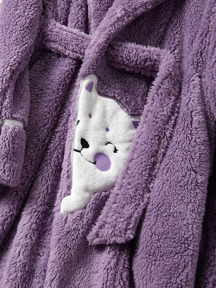 Femmes Mignon Dessin Animé Chat Motif Épaissir Chaud En Peluche Fluffy Maison Vêtements De Nuit Robes Avec Poche