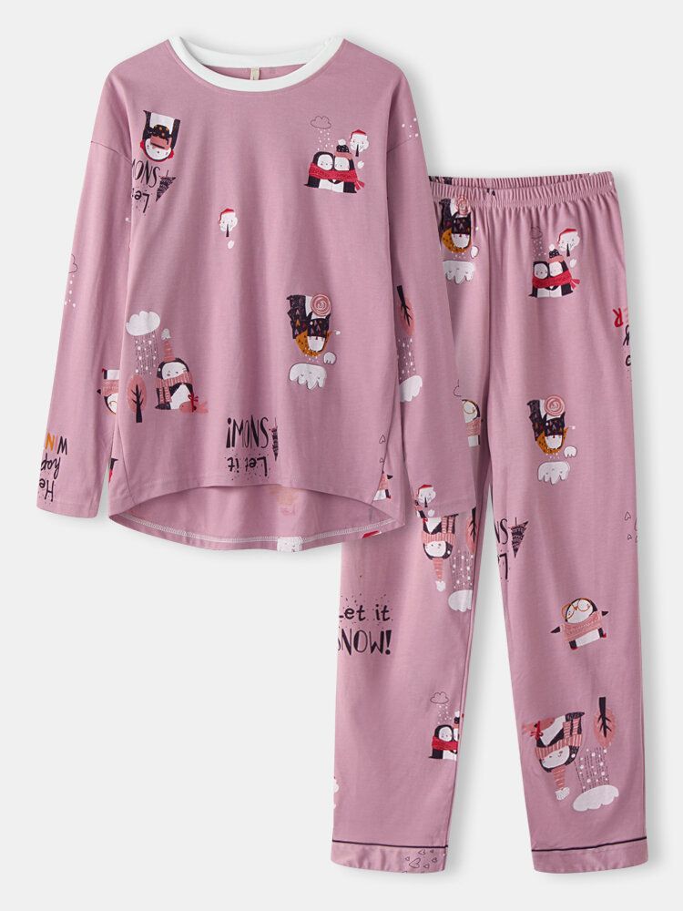 Femmes Mignon Dessin Animé Motif Imprimé Col Rond Deux Pièces Lâche Maison Pyjamas Ensembles