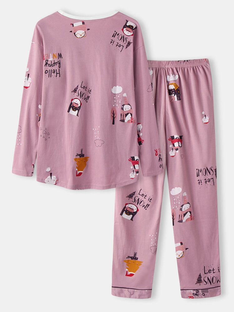 Femmes Mignon Dessin Animé Motif Imprimé Col Rond Deux Pièces Lâche Maison Pyjamas Ensembles