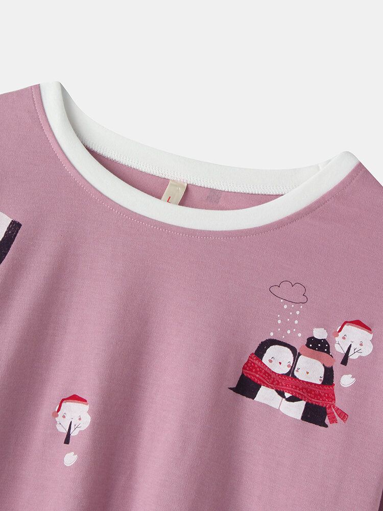 Femmes Mignon Dessin Animé Motif Imprimé Col Rond Deux Pièces Lâche Maison Pyjamas Ensembles