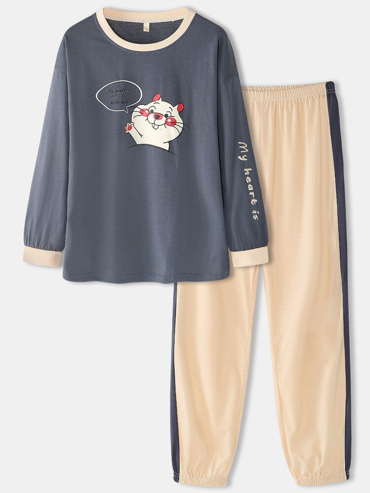 Femmes Mignon Dessin Animé Rat Imprimer Lâche Col Rond Jogging Pantalon Maison Pyjamas