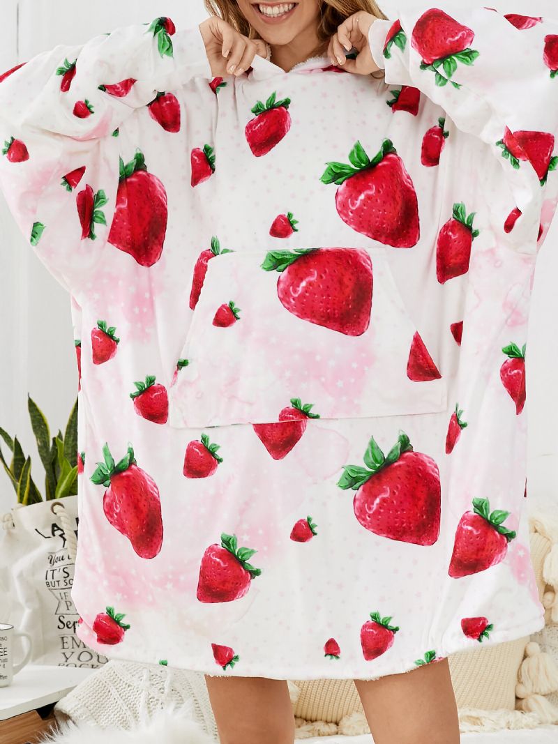 Femmes Mignon Fraise Imprimer Épaissir Couverture À Capuche Robes Surdimensionnées Avec Poche Kangourou