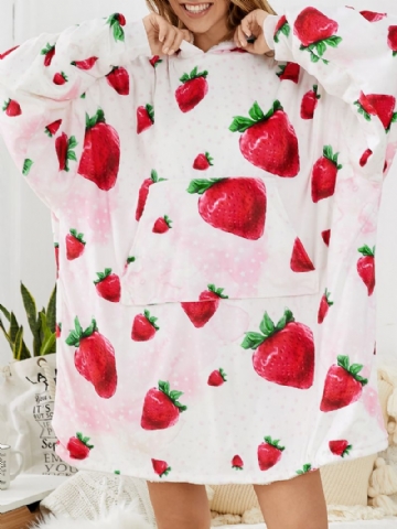 Femmes Mignon Fraise Imprimer Épaissir Couverture À Capuche Robes Surdimensionnées Avec Poche Kangourou