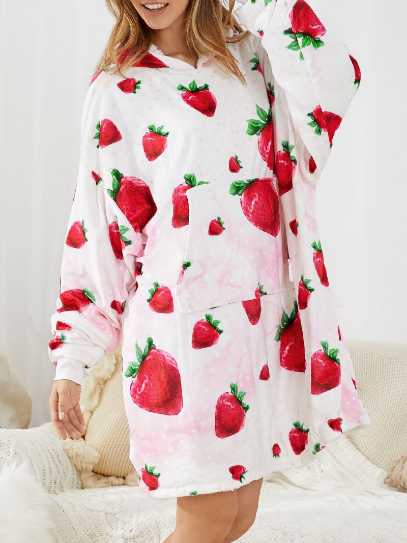 Femmes Mignon Fraise Imprimer Épaissir Couverture À Capuche Robes Surdimensionnées Avec Poche Kangourou