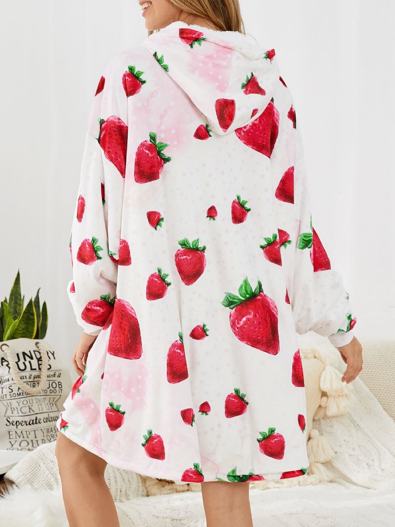 Femmes Mignon Fraise Imprimer Épaissir Couverture À Capuche Robes Surdimensionnées Avec Poche Kangourou