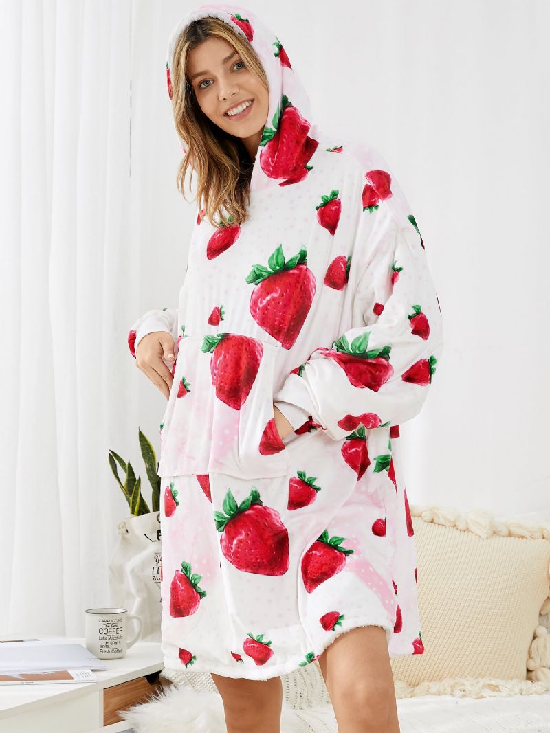 Femmes Mignon Fraise Imprimer Épaissir Couverture À Capuche Robes Surdimensionnées Avec Poche Kangourou