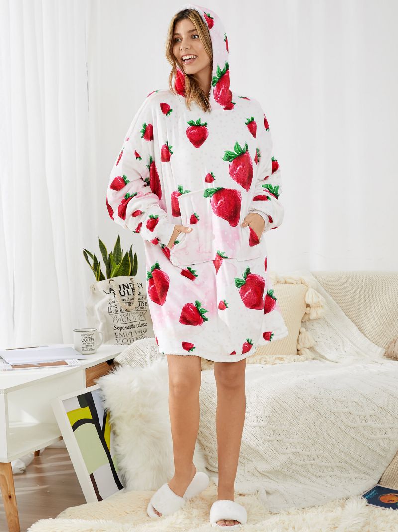 Femmes Mignon Fraise Imprimer Épaissir Couverture À Capuche Robes Surdimensionnées Avec Poche Kangourou