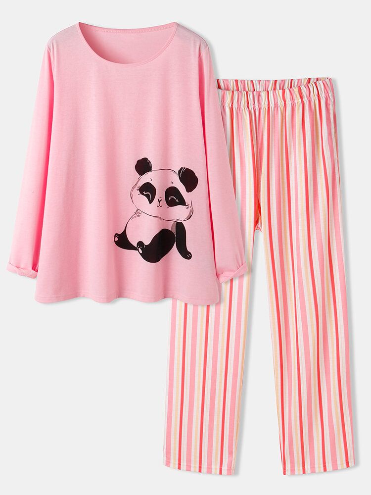 Femmes Mignon Panda Imprimé O-cou Rayé Pantalon Deux Pièces Plus La Taille Salon Maison Pyjamas Ensembles