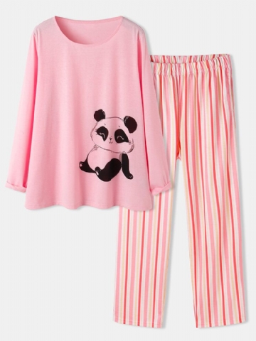 Femmes Mignon Panda Imprimé O-cou Rayé Pantalon Deux Pièces Plus La Taille Salon Maison Pyjamas Ensembles