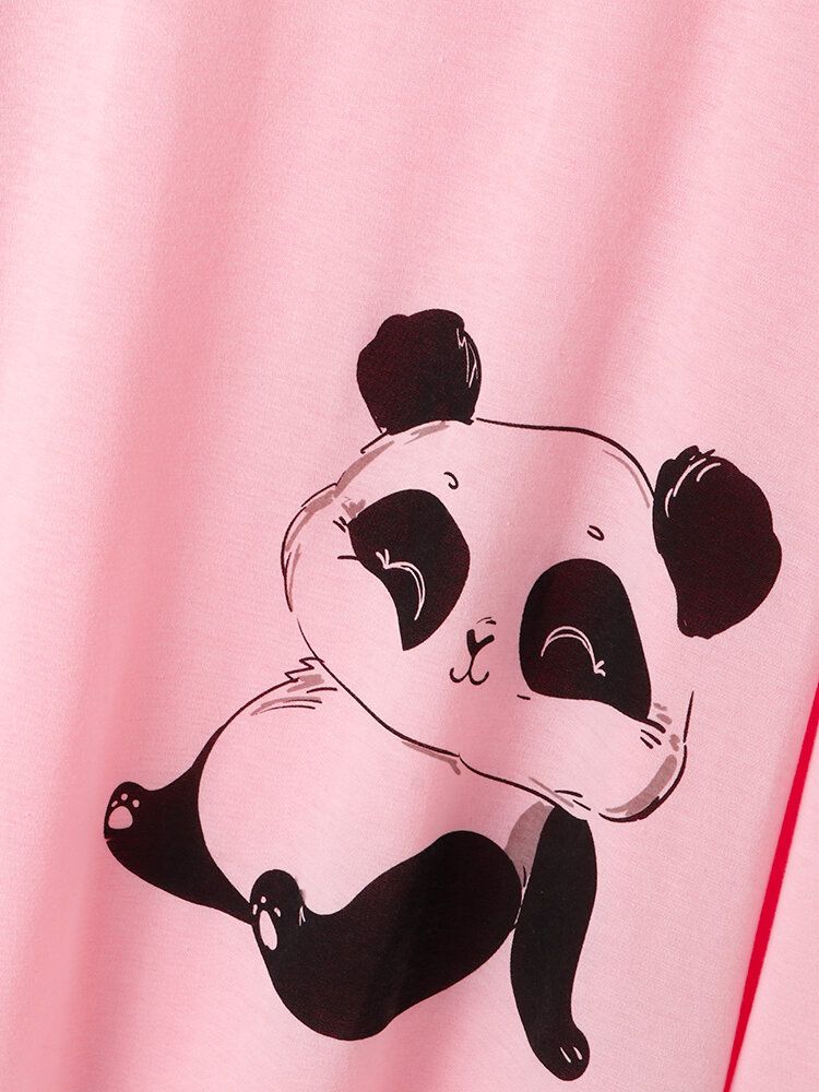 Femmes Mignon Panda Imprimé O-cou Rayé Pantalon Deux Pièces Plus La Taille Salon Maison Pyjamas Ensembles