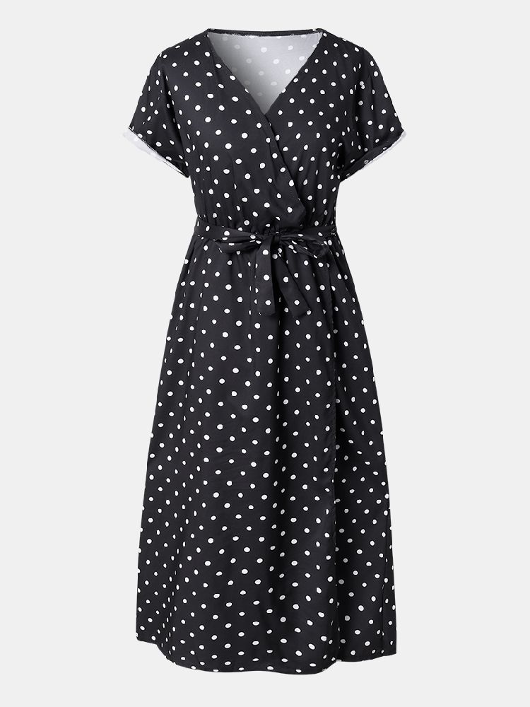 Femmes Mignon Polka Dot V-cou Wrap Casual Manches Courtes Ceinture Maxi Robes