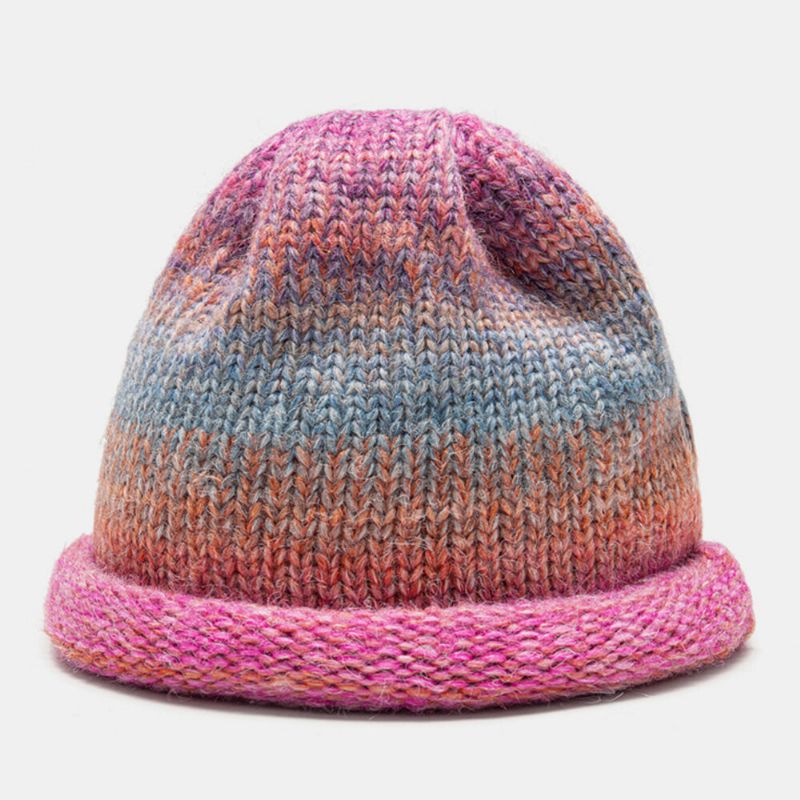 Femmes Mixed Color Knitted Tie-dye Gradient Color Vintage Fashion Warmth Brimless Beanie Hat