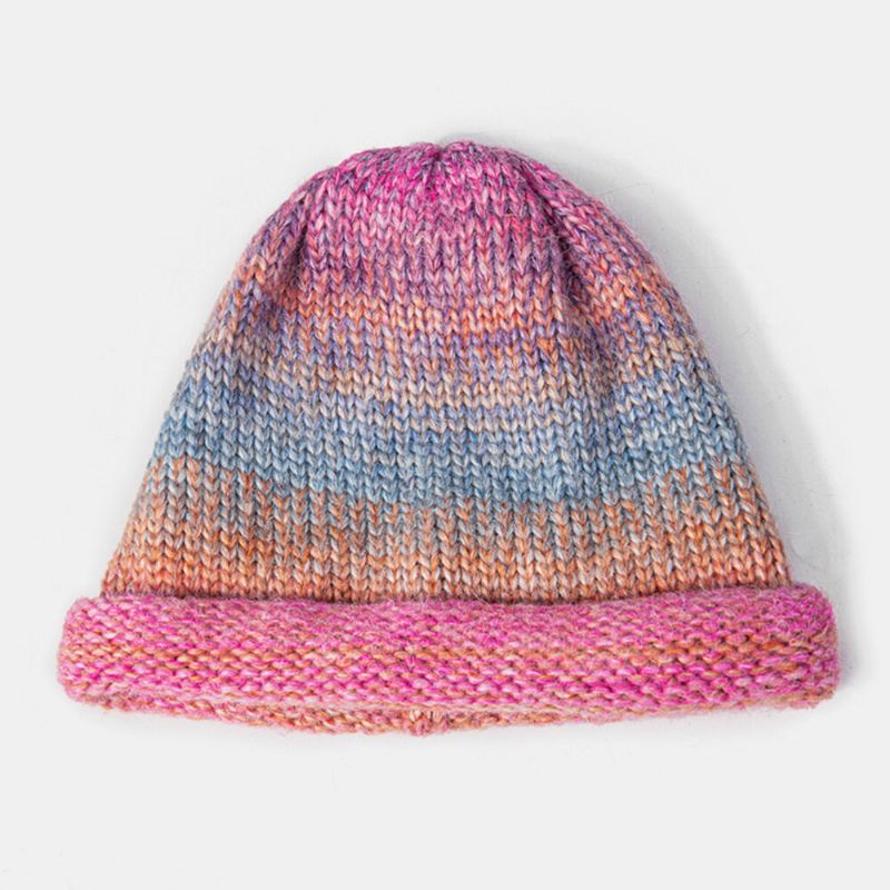 Femmes Mixed Color Knitted Tie-dye Gradient Color Vintage Fashion Warmth Brimless Beanie Hat