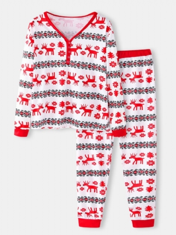 Femmes Noël Dessin Animé Imprimé Col En V Pull Taille Élastique Pantalon Ample Maison Décontracté Pyjama Ensemble