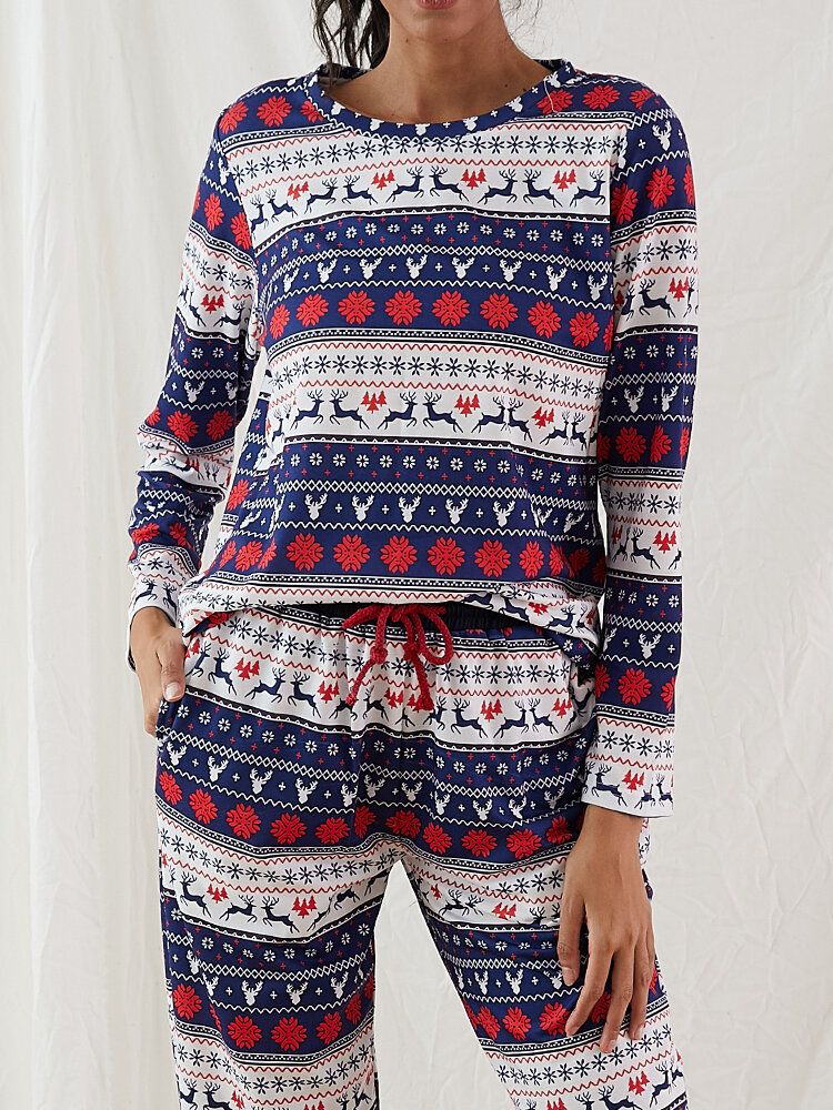 Femmes Noël Dessin Animé Vintage Imprimer À Manches Longues Pull Cordon Jogger Pantalon Maison Pyjama Ensemble