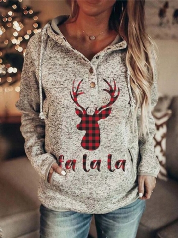 Femmes Noël Elk Lettre Imprimer Manches Raglan Poche Kangourou Bouton Col Hoodies