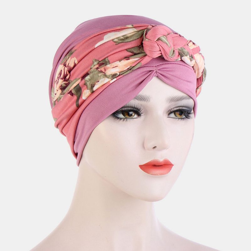 Femmes Noué Tresse Bonnet Chapeau Polyester Feuilles Florales Motif Léopard Imprimer Respirant Turban Chapeau