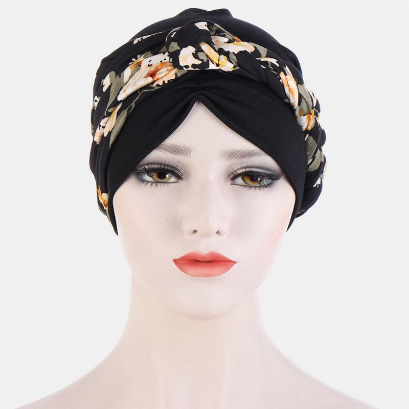 Femmes Noué Tresse Bonnet Chapeau Polyester Feuilles Florales Motif Léopard Imprimer Respirant Turban Chapeau