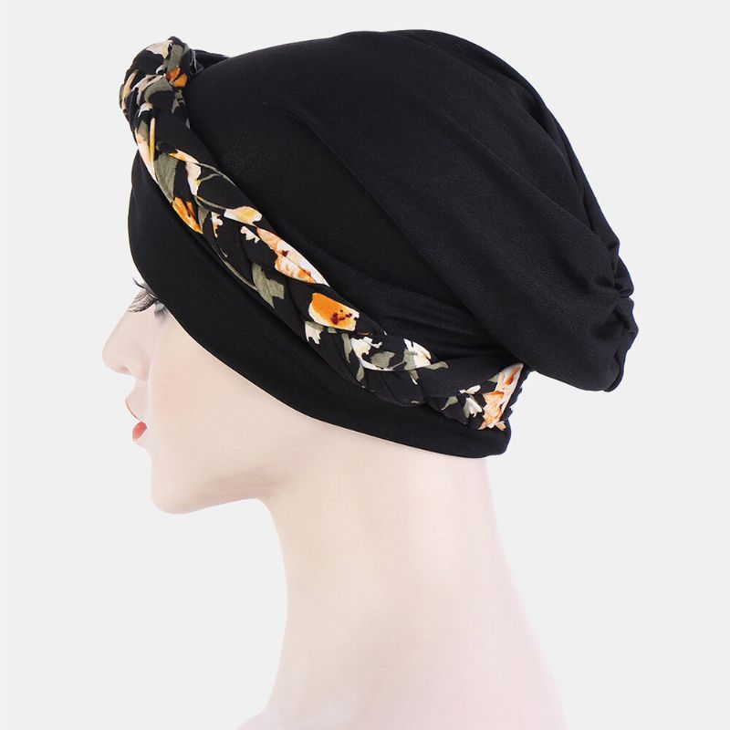 Femmes Noué Tresse Bonnet Chapeau Polyester Feuilles Florales Motif Léopard Imprimer Respirant Turban Chapeau