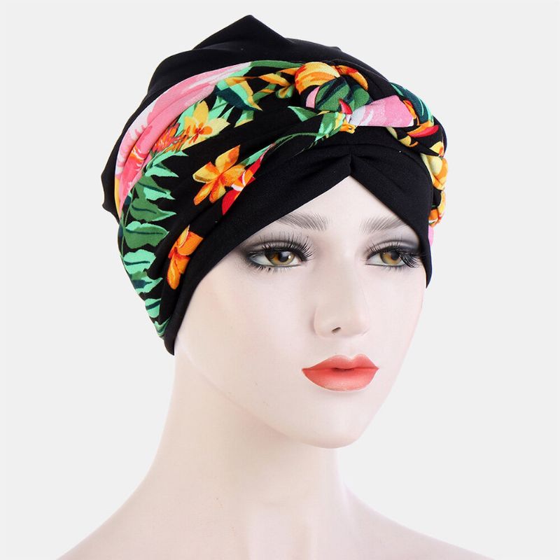 Femmes Noué Tresse Bonnet Chapeau Polyester Feuilles Florales Motif Léopard Imprimer Respirant Turban Chapeau