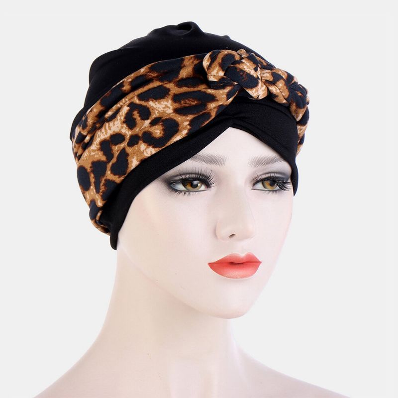 Femmes Noué Tresse Bonnet Chapeau Polyester Feuilles Florales Motif Léopard Imprimer Respirant Turban Chapeau