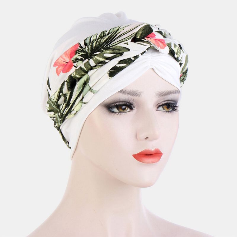 Femmes Noué Tresse Bonnet Chapeau Polyester Feuilles Florales Motif Léopard Imprimer Respirant Turban Chapeau