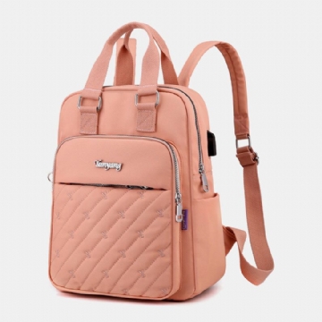 Femmes Nylon Lettre Broderie Motif Usb Charge Grande Capacité Sac À Dos Ordinateur Sac