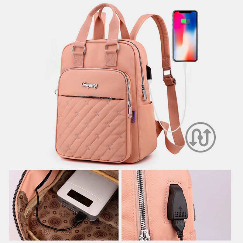 Femmes Nylon Lettre Broderie Motif Usb Charge Grande Capacité Sac À Dos Ordinateur Sac